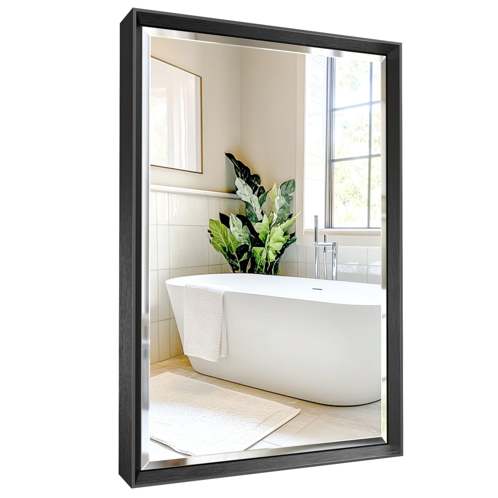 Brushed Nickel Bathroom Mirror, 24x32 Inch Beveled Framed Bathroom Mirror Anti-Rust, Brushed Nickel Metal Frame Bathroom Vanity Mirror for Wall, Vertical/Horizontal Wall-Mounted Mirrors