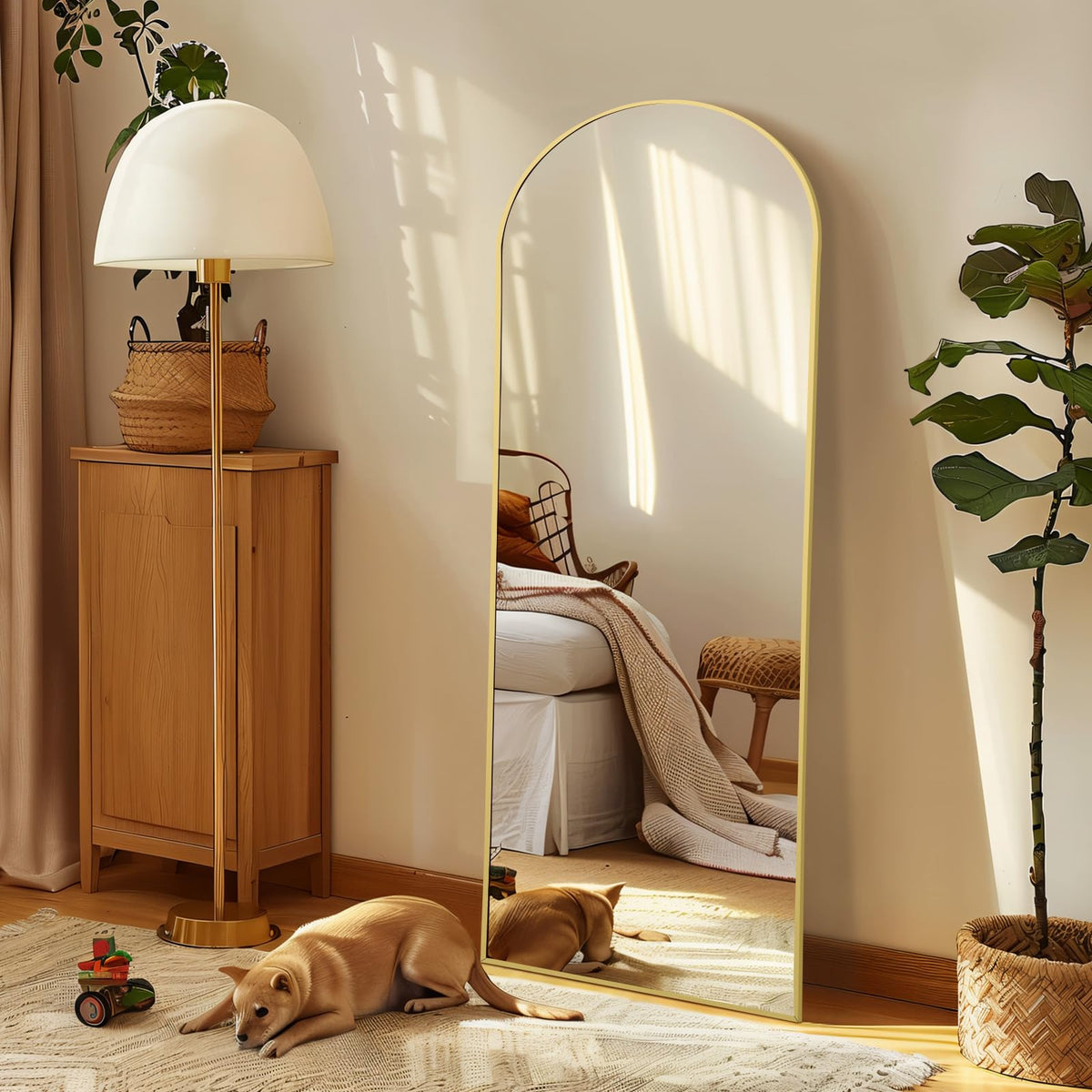 MirrMuse 76"x34" Large Arched Floor Mirror Full Length with Stand, Gold