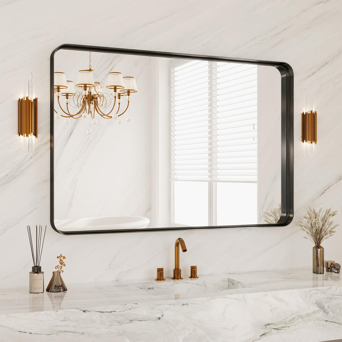 30x36 Inch Black Metal Framed Bathroom Mirror for Wall, HD Tempered Glass