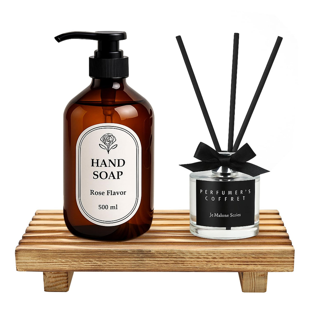 Black Bathroom Decor Wooden Counter Tray Sink Accessories Soap Dispenser