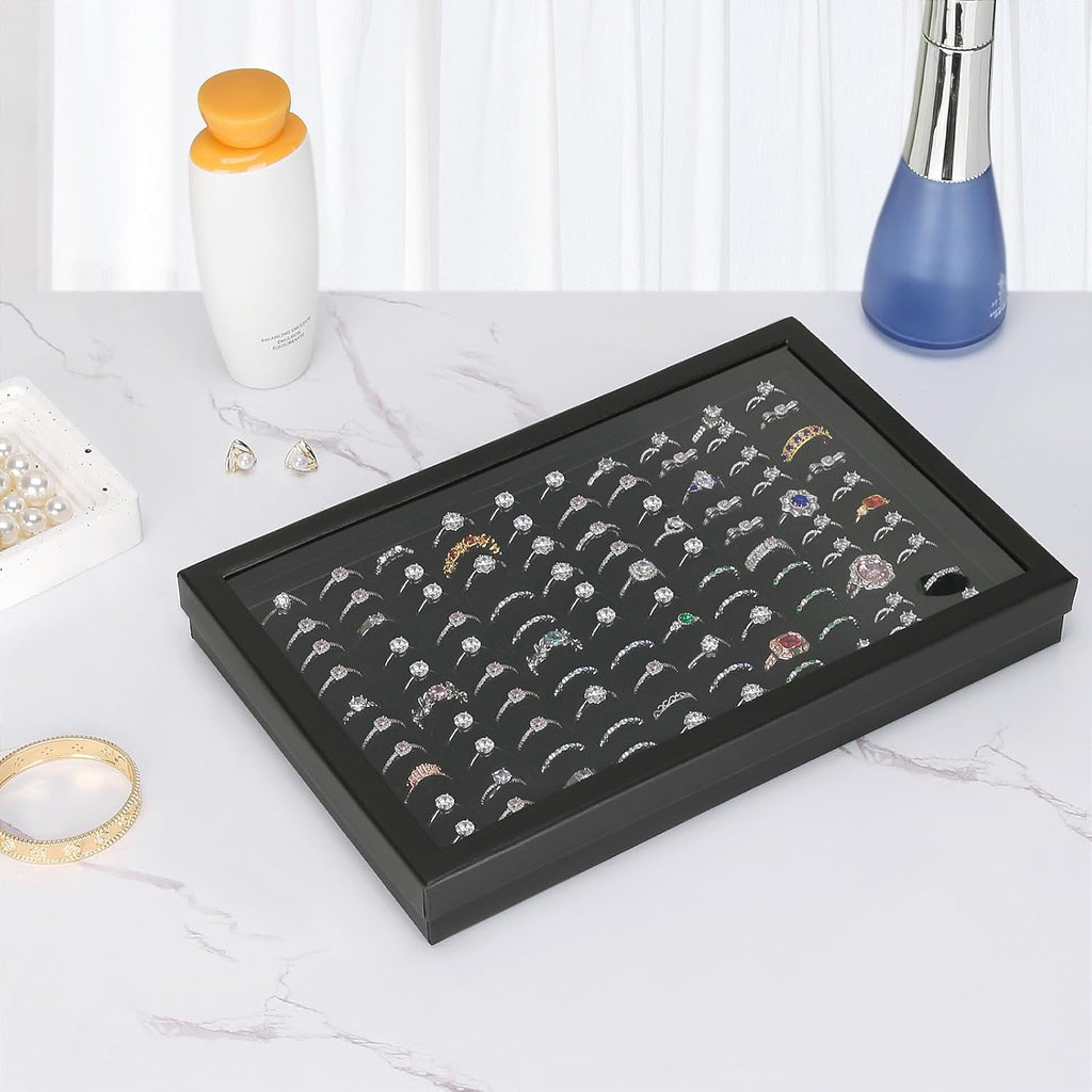 KUKUVR 100 Slots Ring Earring Holder Display Case (Black)