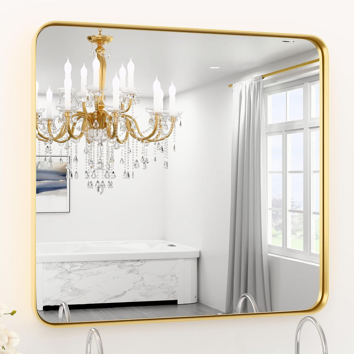 Black Bathroom Mirror 24 x 28 in Vanity Mirror,Metal Frame Wall Mirror,Farmhouse Rectangle Mirror, Bathroom Mirrors for Over Sink,Horizontal or Vertical Hanging