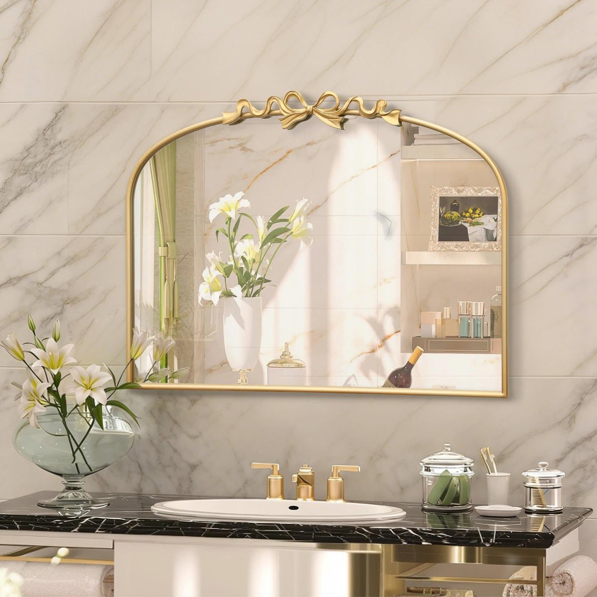 Besdomus Arched Mirror Full Length: 21"x56" Vintage Gold Bow Floor Mirrors