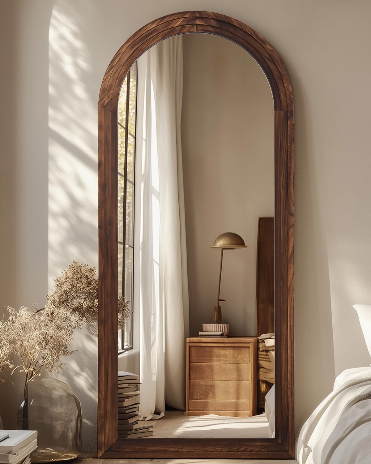 Full Length Mirror 71"x32", Arched Solid Wood Frame with Stand