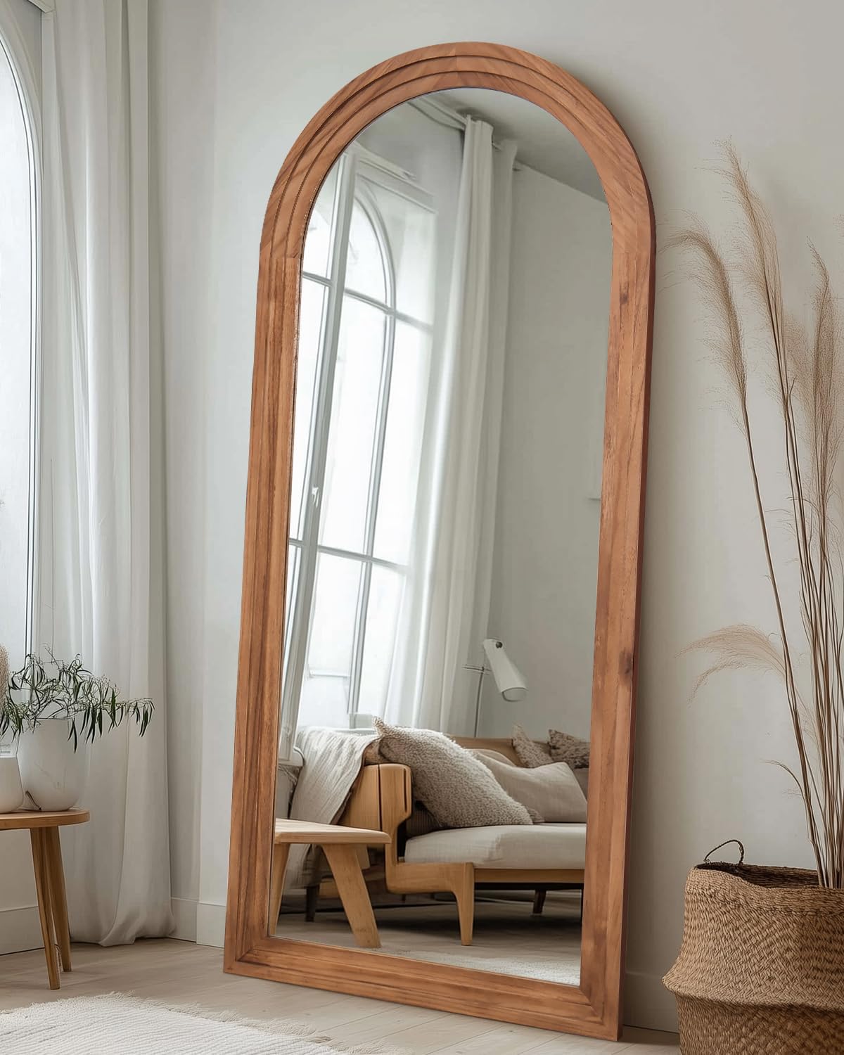Full Length Mirror 71"x32", Arched Solid Wood Frame with Stand