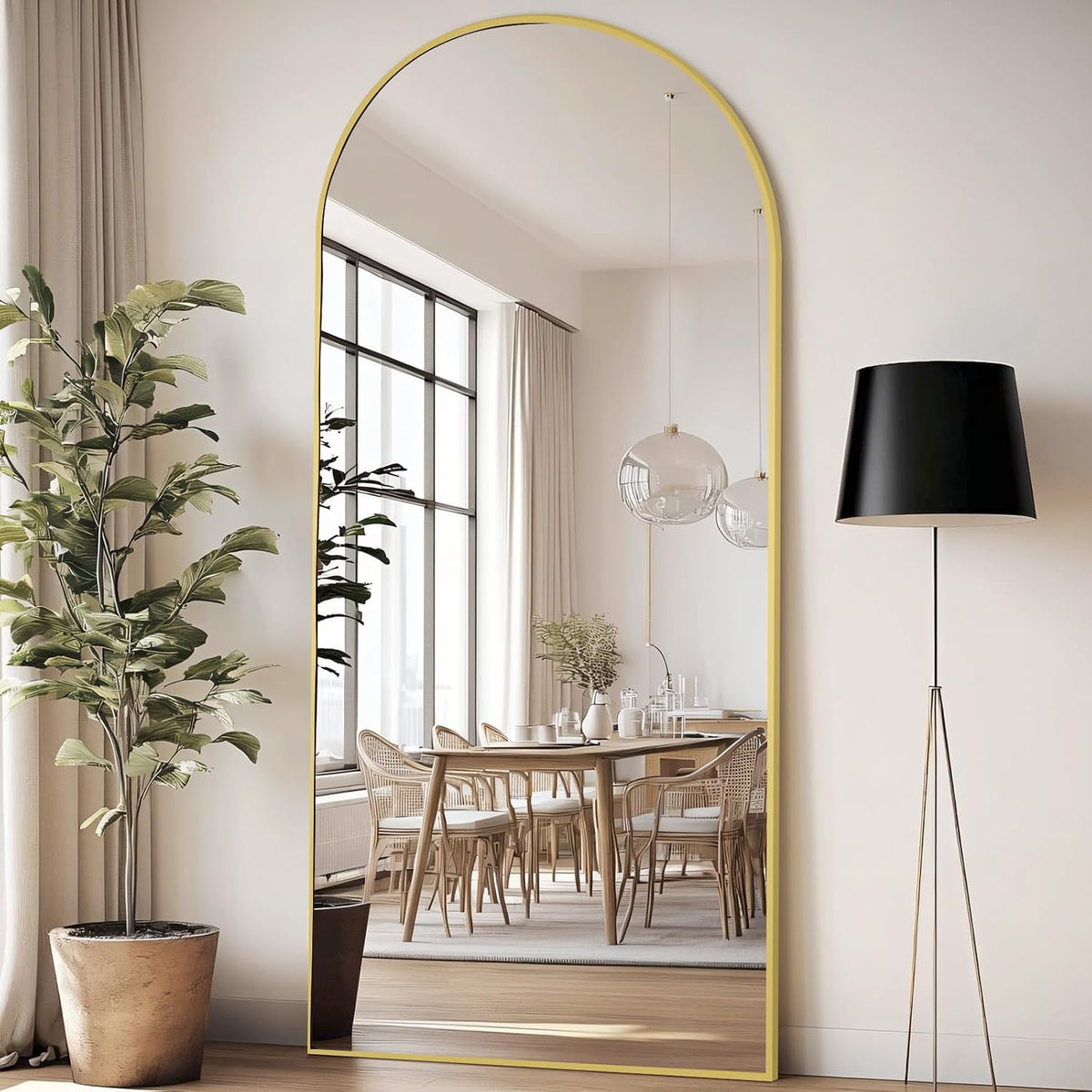MirrMuse 76"x34" Large Arched Floor Mirror Full Length with Stand, Gold