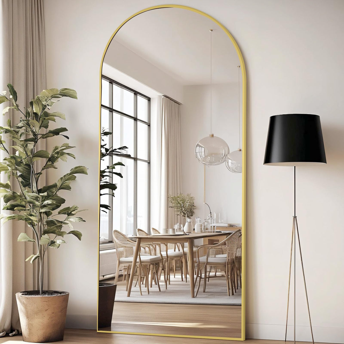 MirrMuse 76"x34" Large Arched Floor Mirror Full Length with Stand, Gold