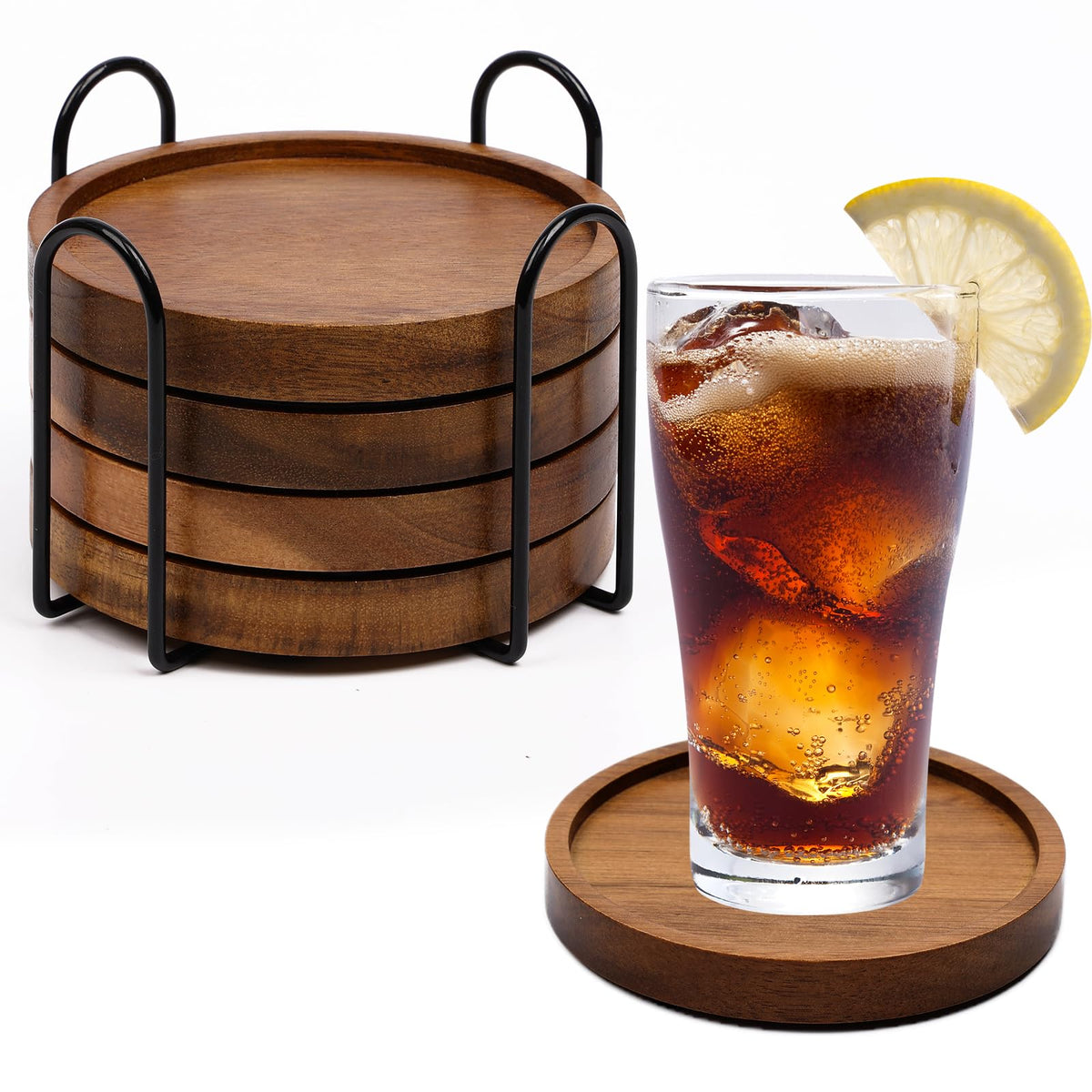 4 Pcs Acacia Coasters for Drinks Absorbent, Wood Coasters with Holder, Drink Coasters for Coffee Table, Absorbent Coaster Set for Table Protection Drink Coasters for Farmhouse, Office, Bar