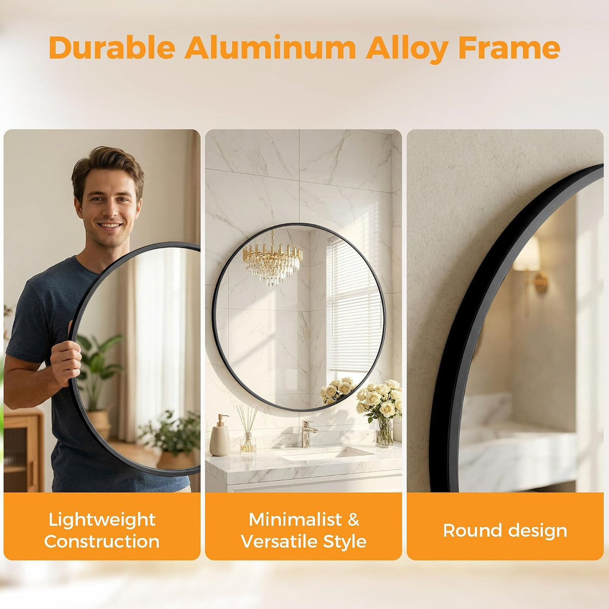 20 Inch Black Round Bathroom Wall Mirror, Round Mirrors for Wall Decor, Circle Mirror for with HD Shatter-Proof Glass for Entryway, Living Room, Bedroom, Dressing Room, Home Decor
