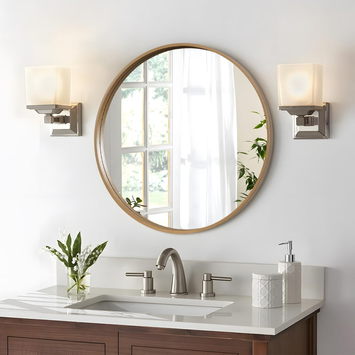 WallBeyond Wood Round Mirror with Wood Frame 24 inch Circle Wall Mirror for Bathroom Round Wall Mirror for Wall Decor, Vanity, Entryway Living Room (Walnut)