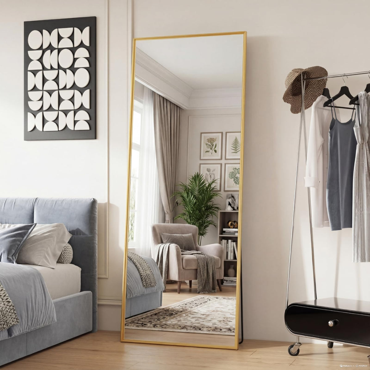 DUMOS Gold Full Length Mirror 59"x16.5" Full Body Floor Mirror for Bedroom or Cloakroom, Can Stand Alone, Hang or Lean Against Wall, Tall Wall Mirrors with Stand and Sleek Aluminum Alloy Thin Frame