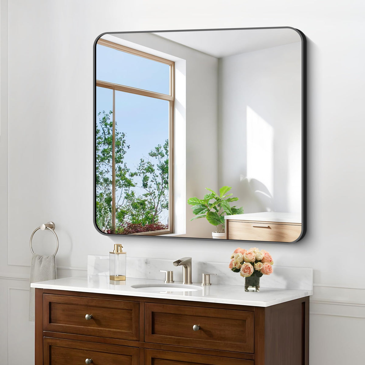 Black Bathroom Mirror, 28x42 inch Aluminum Metal Frame Rectangular Vanity Mirror, Wall Mounted Rectangle Mirrors with Rounded Corner for Bedroom Living Room Hangs Horizontal Or Vertical