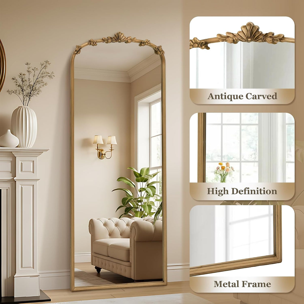 Besdomus Full Length Gold Mirror: 21''x56'' Baroque Floor Long Body Mirror