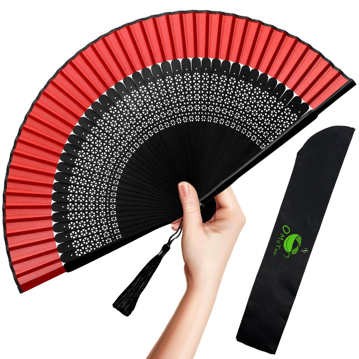 OMyTea Hand Fan Foldable for Women, Japanese Chinese Fan, Solid Black