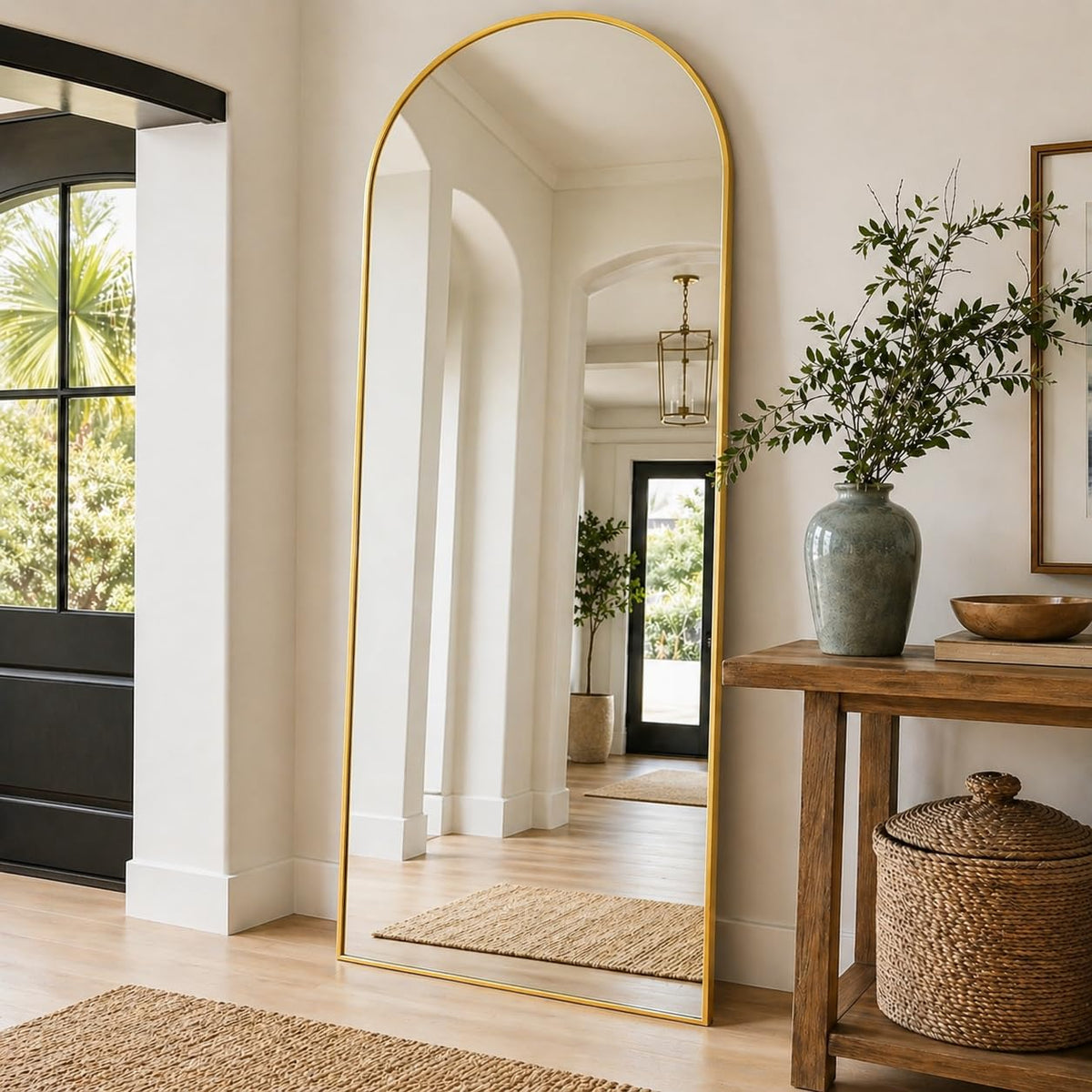 Full Length Mirror, 76"x34" Arched Floor Mirror, Gold