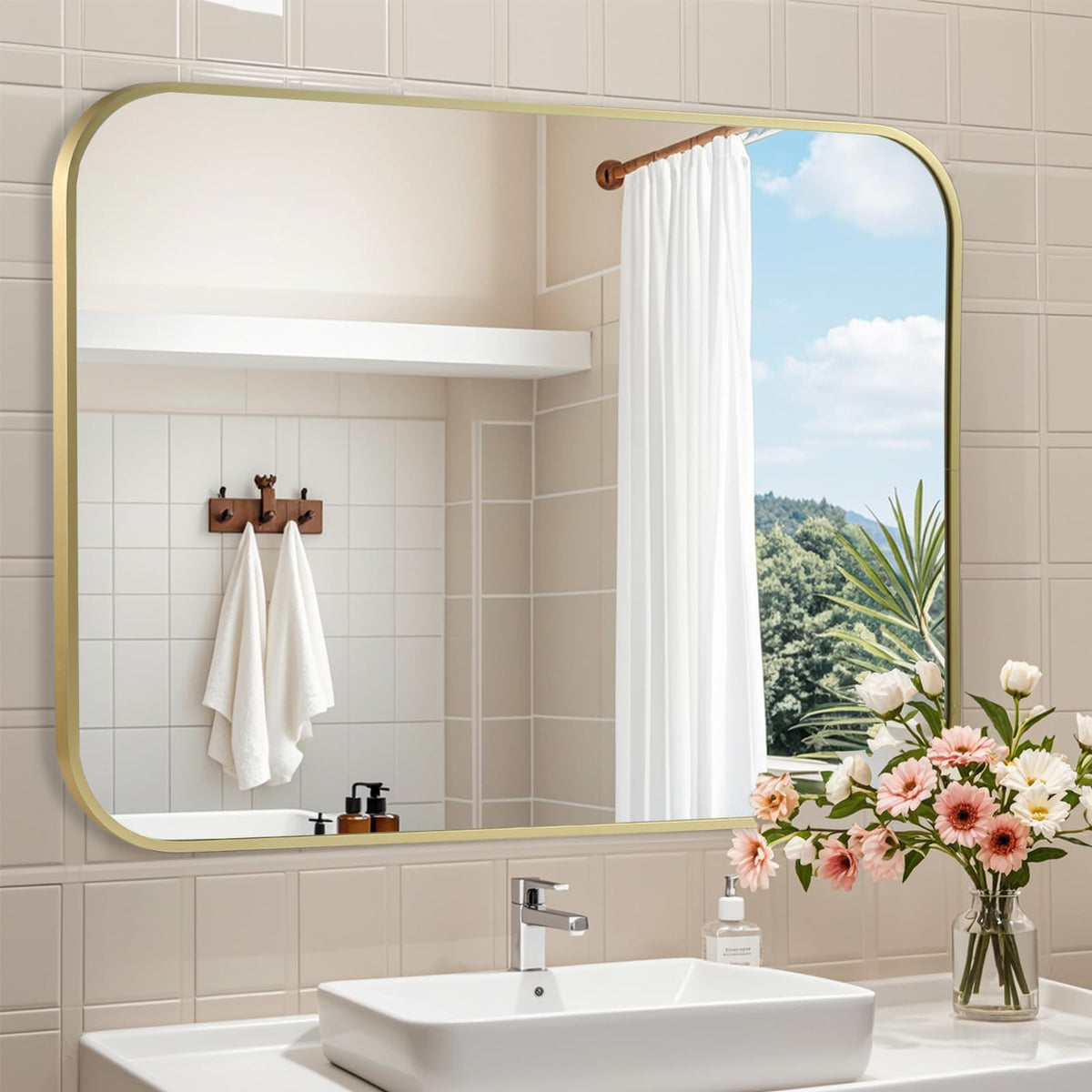 Brushed Nickel Bathroom Mirror, 30"x36" Rectangle Mirror, Brushed Mirror, Metal Frame Square Corner Vanity Mirror, Wall Mounted Mirror for Modern, Living Room, Bedroom, Horizontal Or Vertical