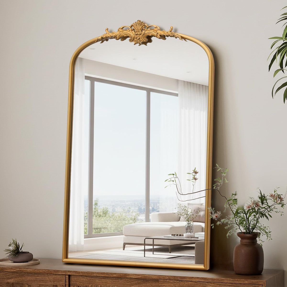 Besdomus Vintage Arched Gold Mirror: 40"x29" Large Brass Antique Decorative