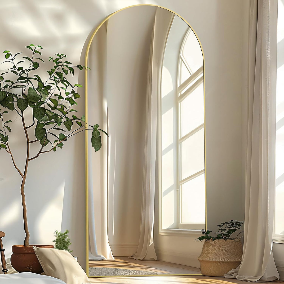 MirrMuse 76"x34" Large Arched Floor Mirror Full Length with Stand, Gold