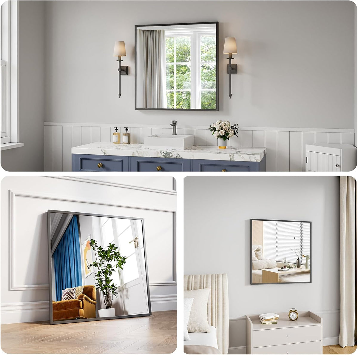 Koonmi Bathroom Mirror for Wall, 30"x30" Black Bathroom Mirror for Over Sink, Shatterproof Tempered Glass Vanity Mirror with Anti-Rust Aluminum Alloy Frame, Hang Horizontally or Vertically