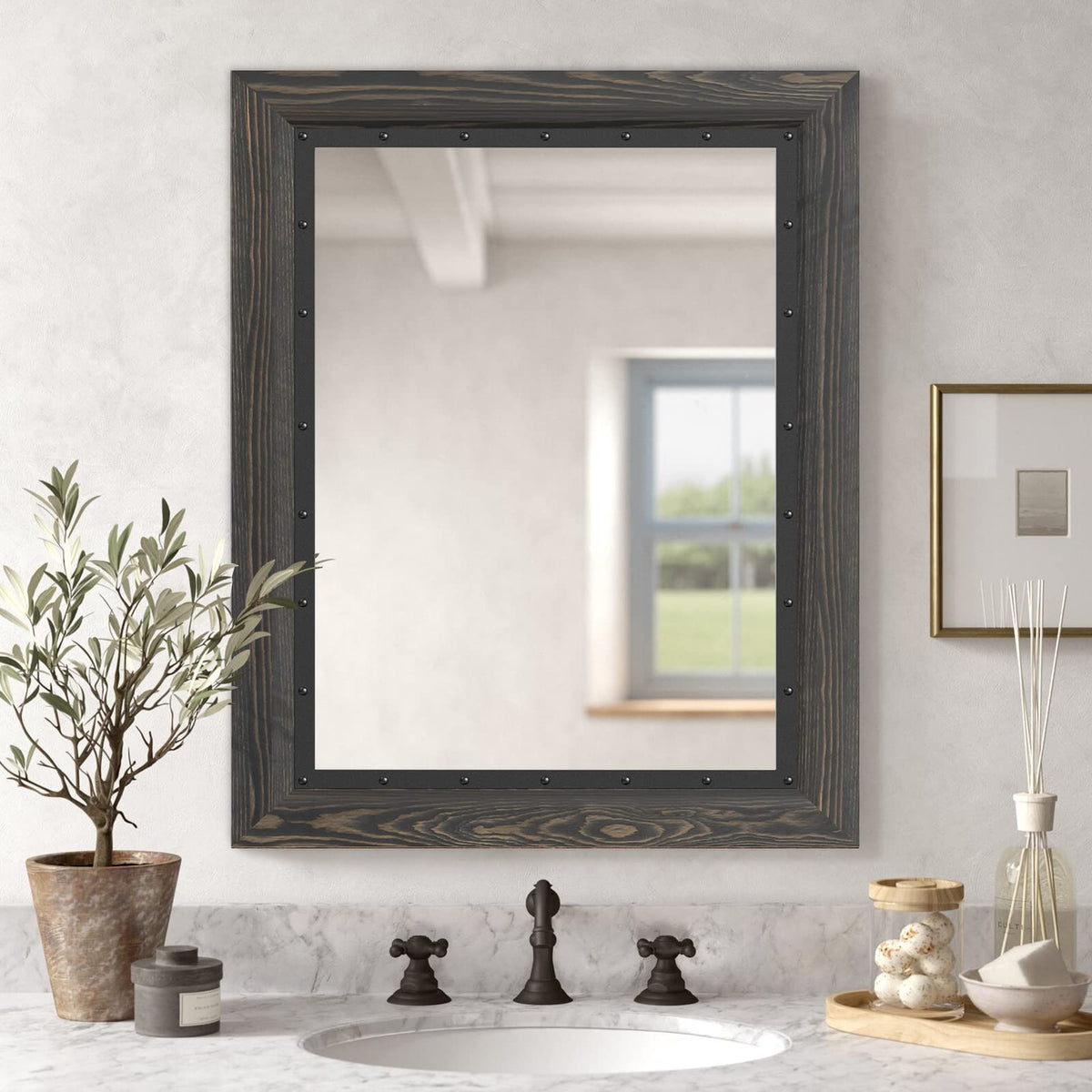 YOSHOOT Rustic Wooden Framed Wall Mirror, Natural Wood and Iron Bathroom Vanity Mirror for Farmhouse Decor, Vertical or Horizontal Hanging
