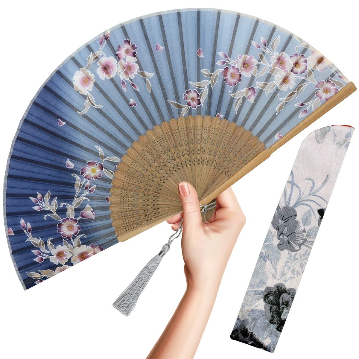 OMyTea Hand Fan Foldable for Women, Japanese Chinese Fan, Solid Black