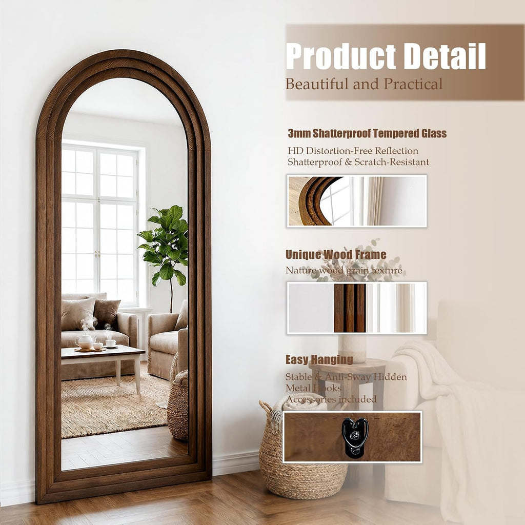 24"x65" Full Length Mirror Solid Wood Frame, Arched Floor Mirror Full Length with Stand, Room Decor Big Full Body Mirror with HD Tempered Glass for Bedroom, Living Room, Walnut Wood