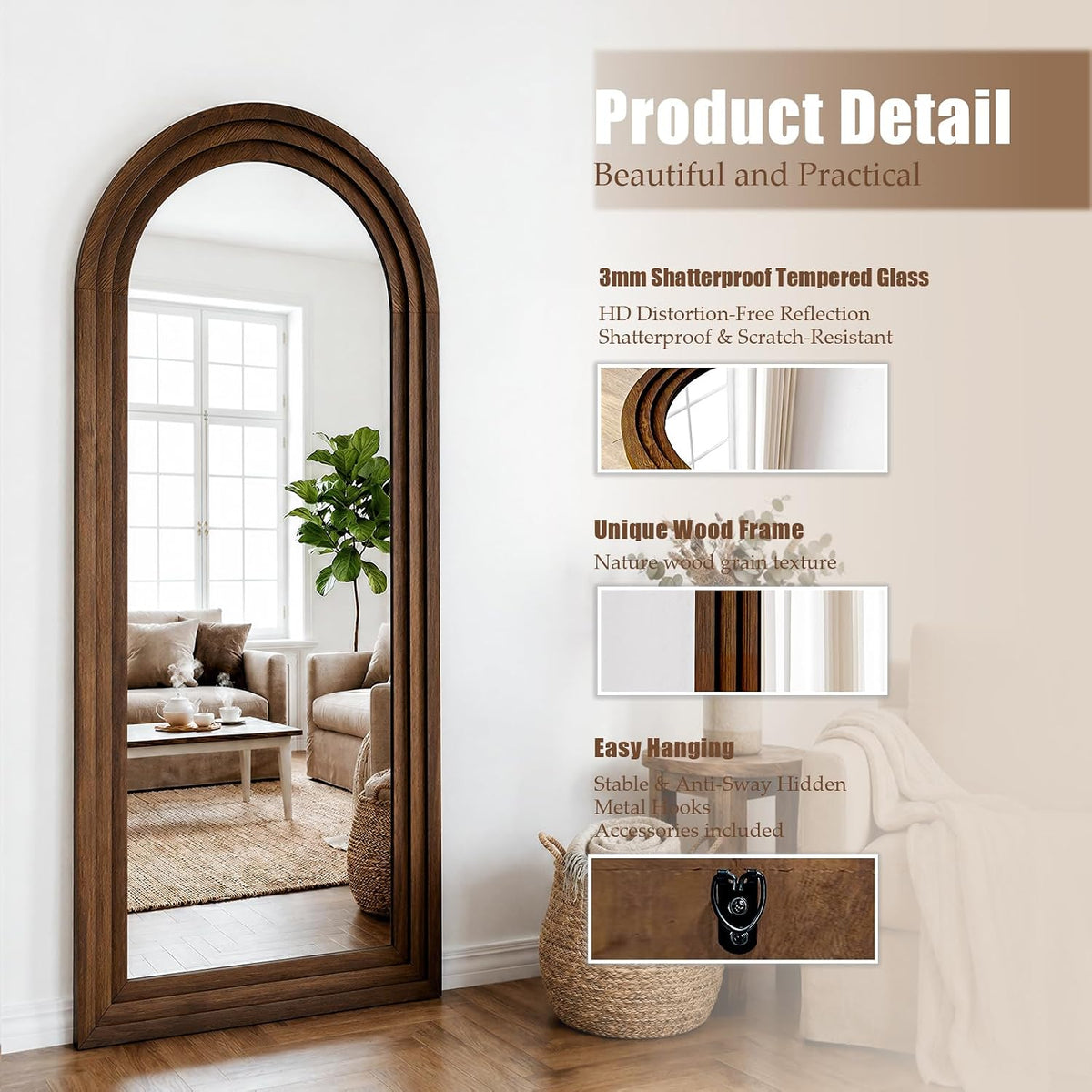 24"x65" Full Length Mirror Solid Wood Frame, Arched Floor Mirror Full Length with Stand, Room Decor Big Full Body Mirror with HD Tempered Glass for Bedroom, Living Room, Walnut Wood