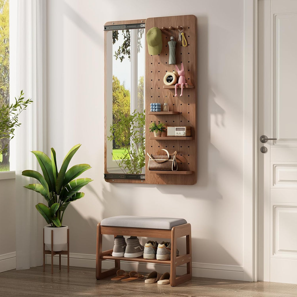 KungFuWood Full Length Mirror with Shelf and Hooks,Entry Way Mirrors for Wall,Wall Mirror with Shelf,Wall Mirror with Storage Multifunctional Design Panel,Living Room (Walnut, 52.4" L x 19" W)