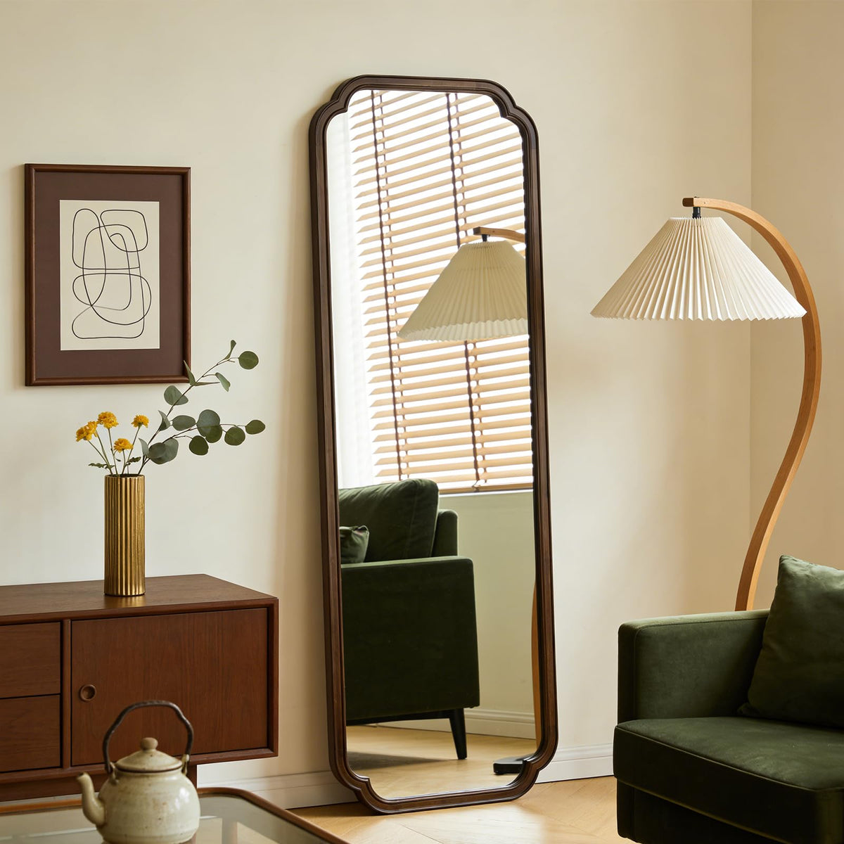 HOMECOOKIN Full Length Mirror Wall Mounted, Rustic Wooden Frame Floor Mirror, Rounded Corner Large Full Body Mirror for Bedroom,Dressing Room， Leaning or Hanging Against Wall (Walnut, 71" L x 24" W)