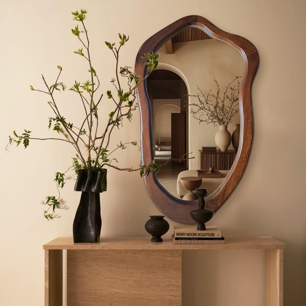 35"x24" Irregular Wall Mirror, Dark Walnut Wood Bathroom Mirror