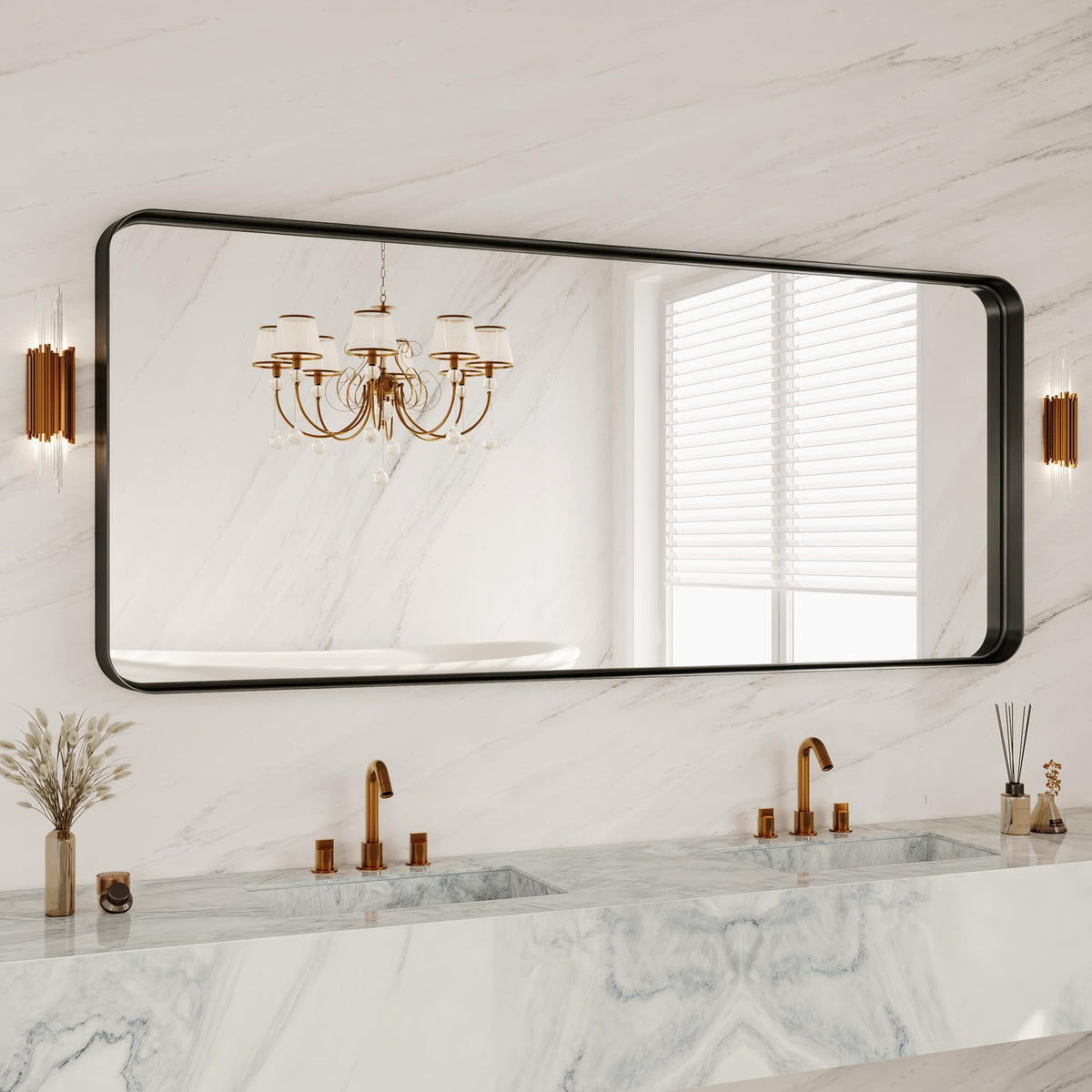 30x36 Inch Black Metal Framed Bathroom Mirror for Wall, HD Tempered Glass