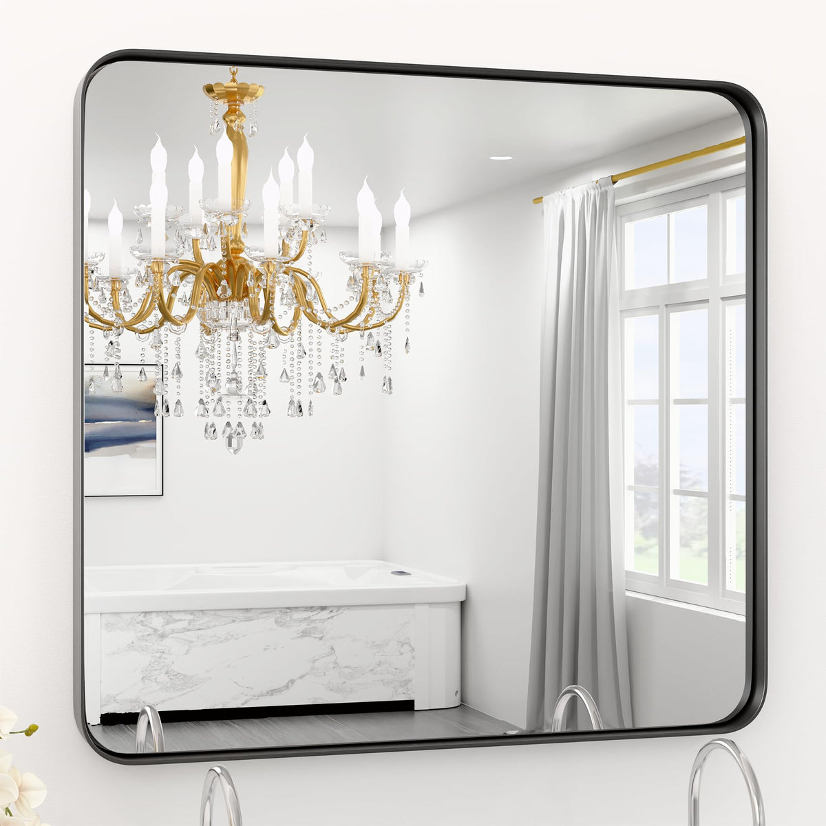 Black Bathroom Mirror 24 x 28 in Vanity Mirror,Metal Frame Wall Mirror,Farmhouse Rectangle Mirror, Bathroom Mirrors for Over Sink,Horizontal or Vertical Hanging