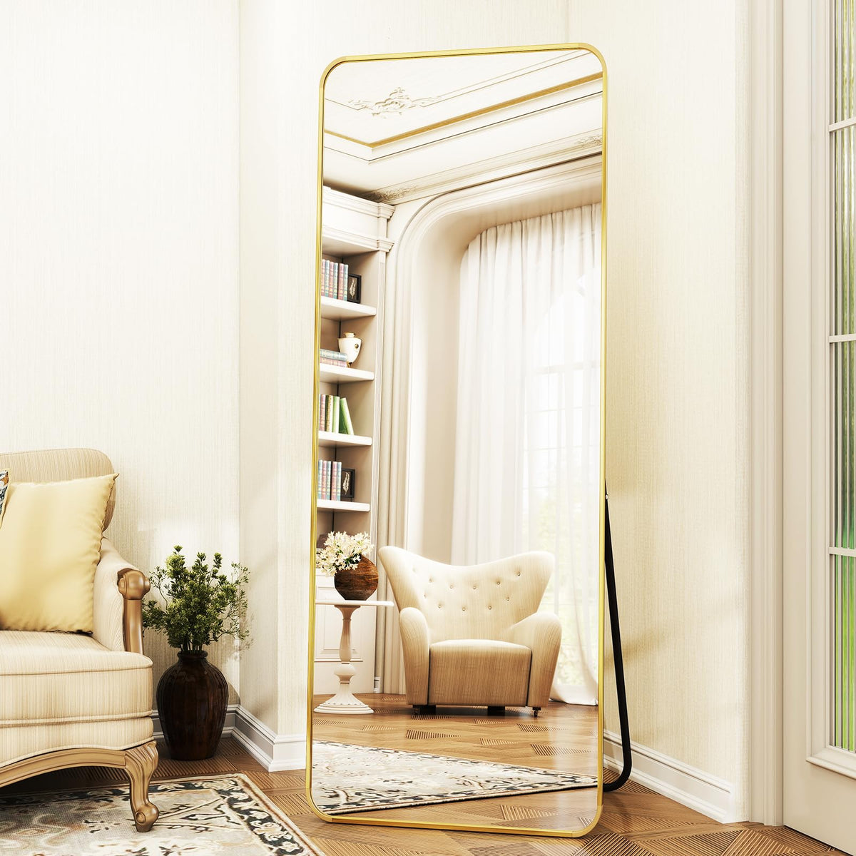 XRAMFY 76"x34" Floor Full Length Mirror Standing Full Body Rounded Corner Rectangle Mirrors with Stand Hanging Wall Mounted Leaning Bedroom Living Room Bedroom Cloakroom,Black