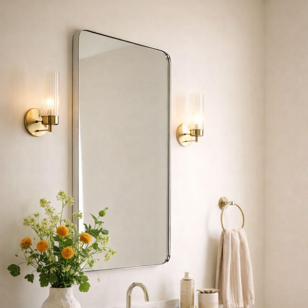 GRACTO 24x40'' Chrome Metal Framed Bathroom Mirror for Wall in Stainless Steel Rounded Rectangular Bathroom Vanity Mirrors Wall Mounted
