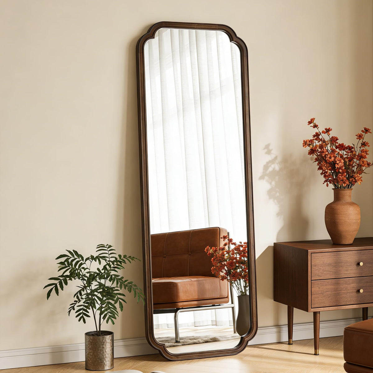 HOMECOOKIN Full Length Mirror Wall Mounted, Rustic Wooden Frame Floor Mirror, Rounded Corner Large Full Body Mirror for Bedroom,Dressing Room， Leaning or Hanging Against Wall (Walnut, 71" L x 24" W)