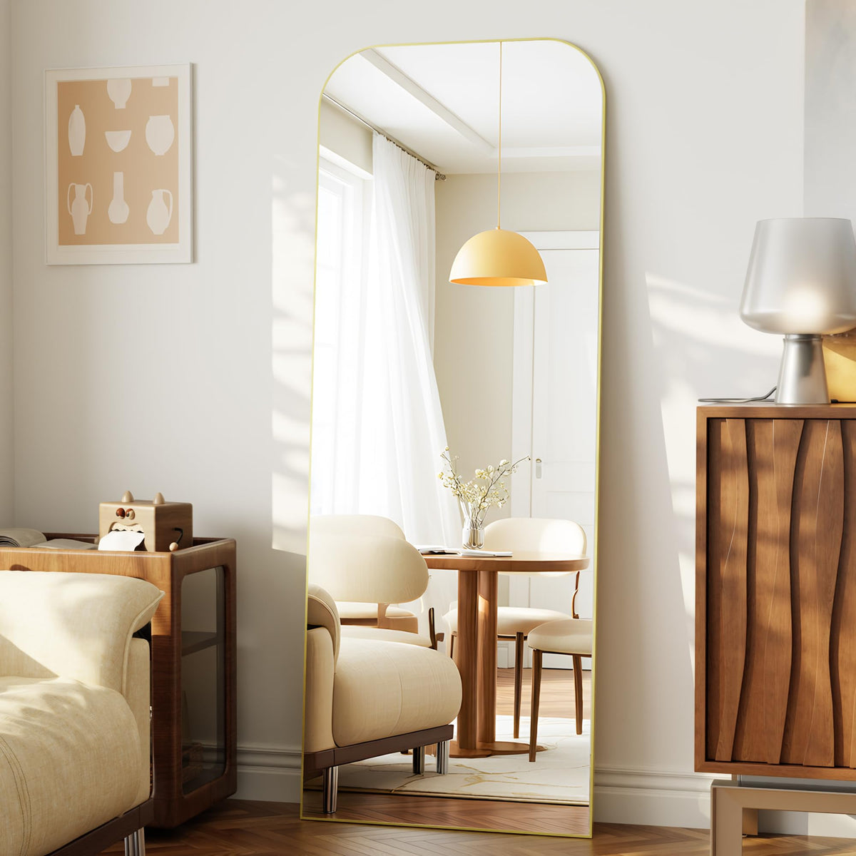 Arched Floor Standing Mirror 71"x26"Black with Top Round Corner
