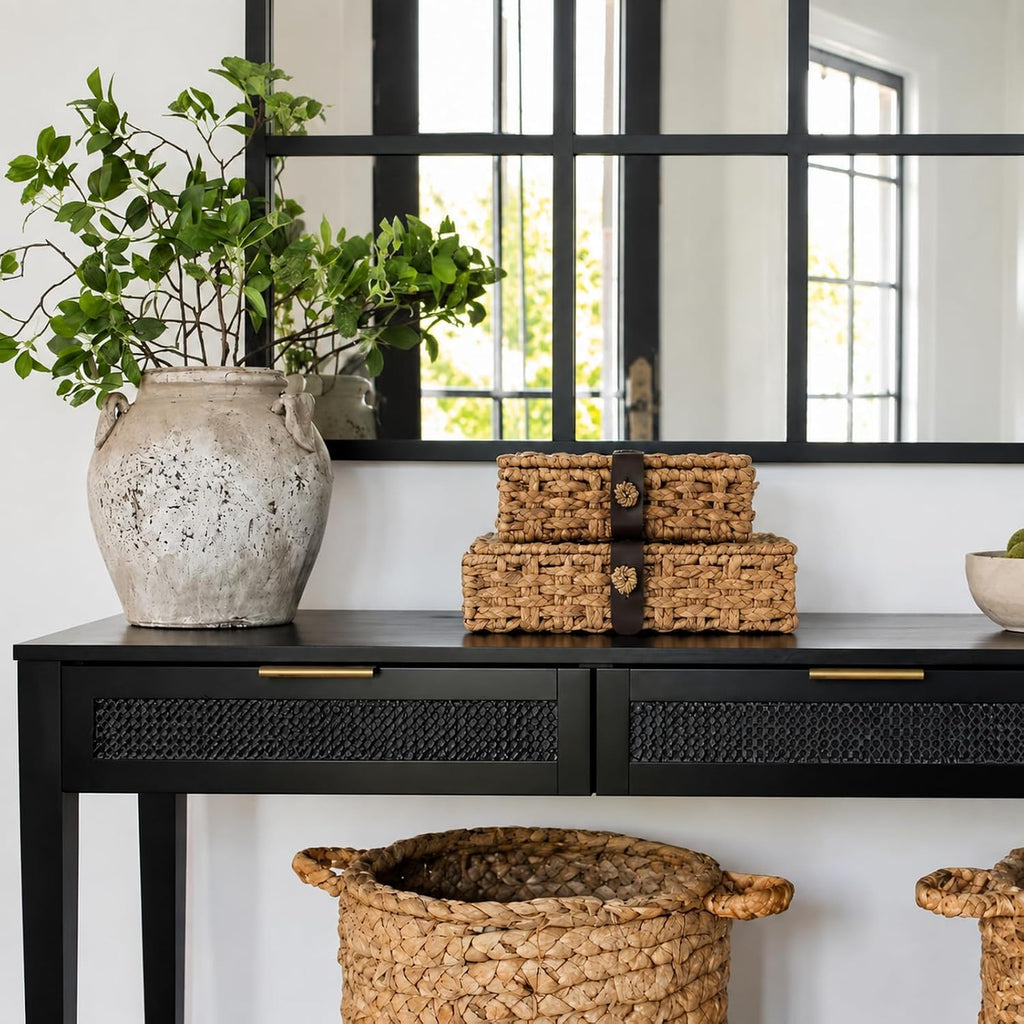 Decorative Box with Lid, Wicker Storage Basket, Water Hyacinth Woven Decorative box for Shelf, Coffee Table, Console Table, Home Decor (Small)