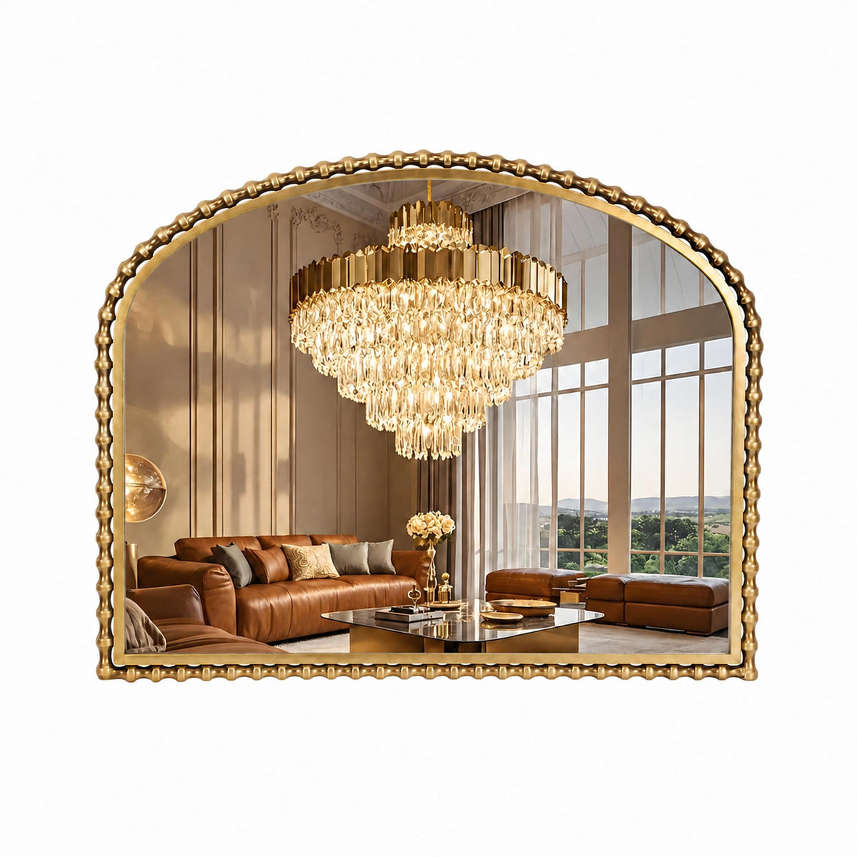 36"x28" Wide Arched Wall Mirror, Antique Gold Bold Beaded Frame