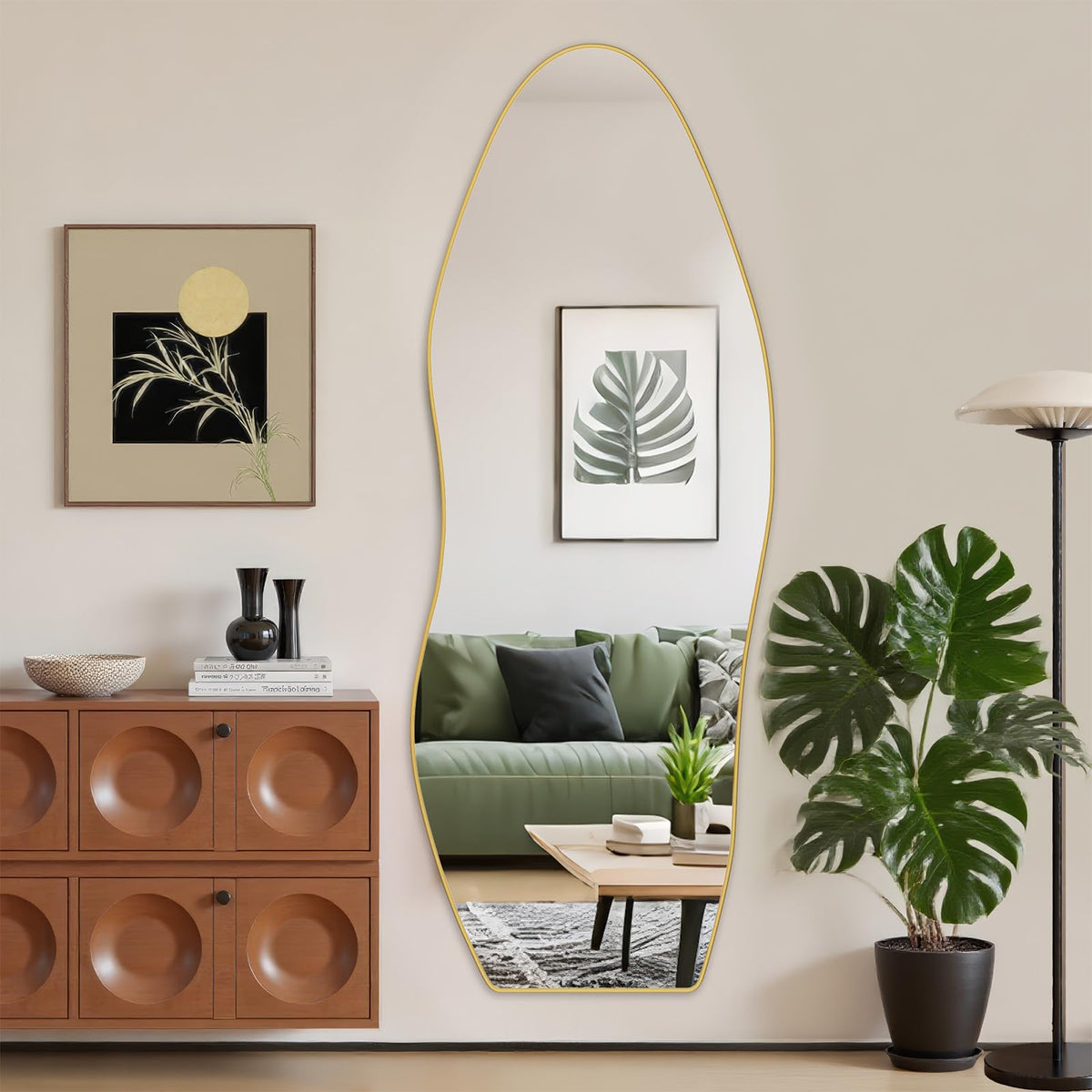 Antok Irregular Full Length Mirror, 76"x36" Asymmetrical Floor Mirror with Stand, Standing Hanging Leaning Irregular Mirrors for Bedroom Living Room Entryway, Wavy Shaped, Black