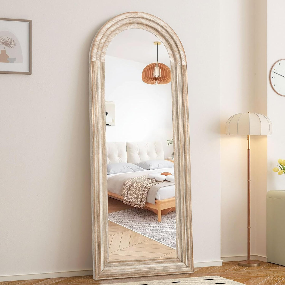 Arched Full Length Mirror with Solid Wood Frame 65x24 Inch Wall Mounted Floor Mirror, Vertical Hanging Leaning Standing Mirror for Living Room, Bedroom, Entryway, Rustic White
