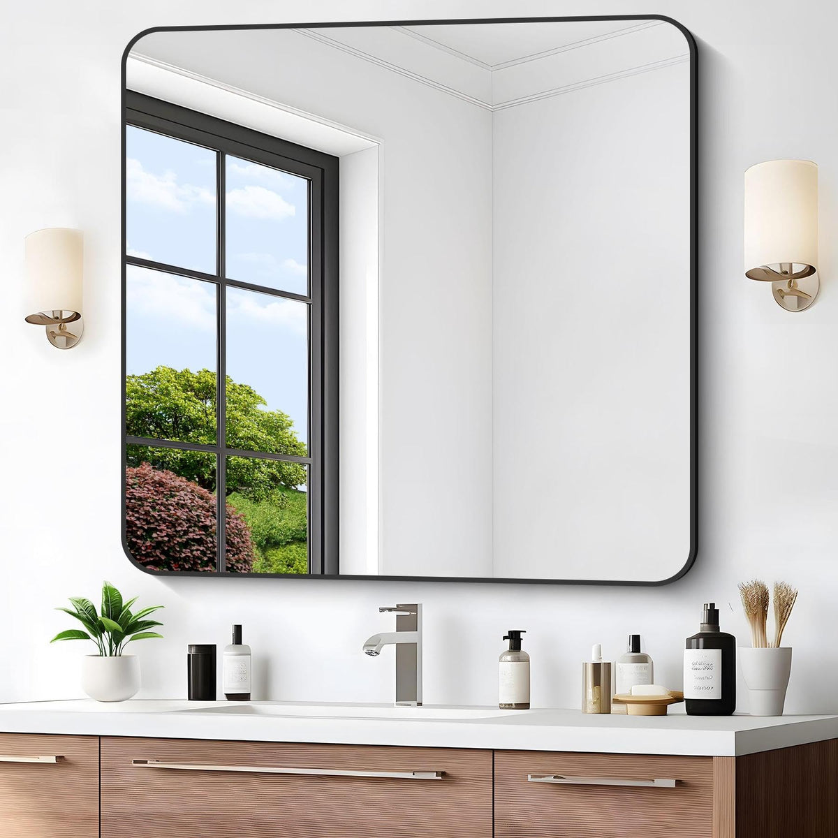 Black Bathroom Mirror, 28x42 inch Aluminum Metal Frame Rectangular Vanity Mirror, Wall Mounted Rectangle Mirrors with Rounded Corner for Bedroom Living Room Hangs Horizontal Or Vertical