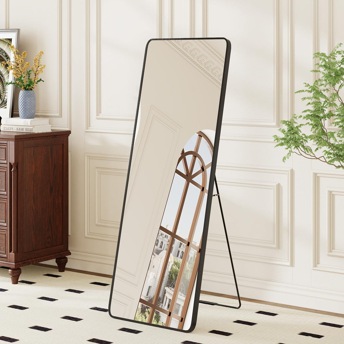 Krymnar 57"x21" Arched Full Length Mirror, Brushed Black Aluminum Frame Floor Mirror with Stand, HD Shatterproof Glass & Rust-Proof Body Mirror for Bedroom, Living Room, Bathroom, Entryway