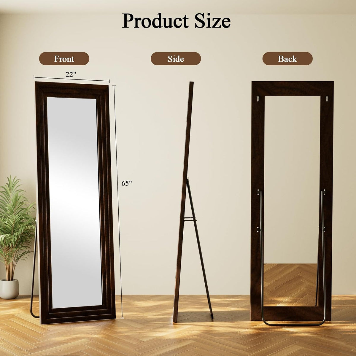 Full Length Mirror 65"X22", Walnut Large Floor Mirror with Solid Wood Frame