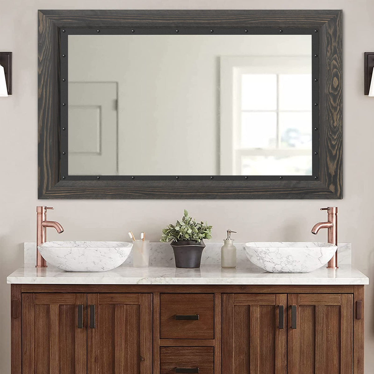 YOSHOOT Rustic Wooden Framed Wall Mirror, Natural Wood and Iron Bathroom Vanity Mirror for Farmhouse Decor, Vertical or Horizontal Hanging