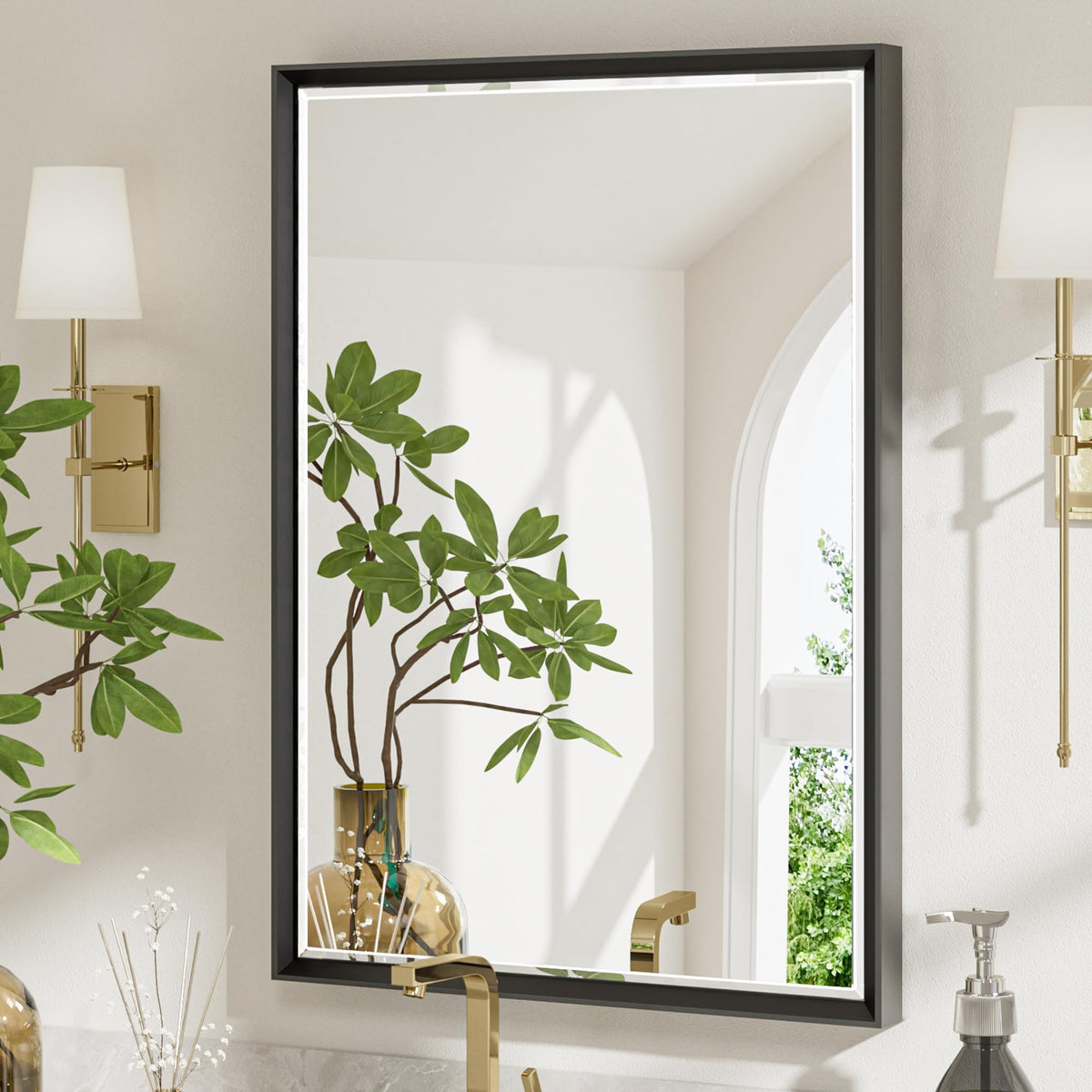 Brushed Nickel Bathroom Mirror, 24x32 Inch Beveled Framed Bathroom Mirror Anti-Rust, Brushed Nickel Metal Frame Bathroom Vanity Mirror for Wall, Vertical/Horizontal Wall-Mounted Mirrors