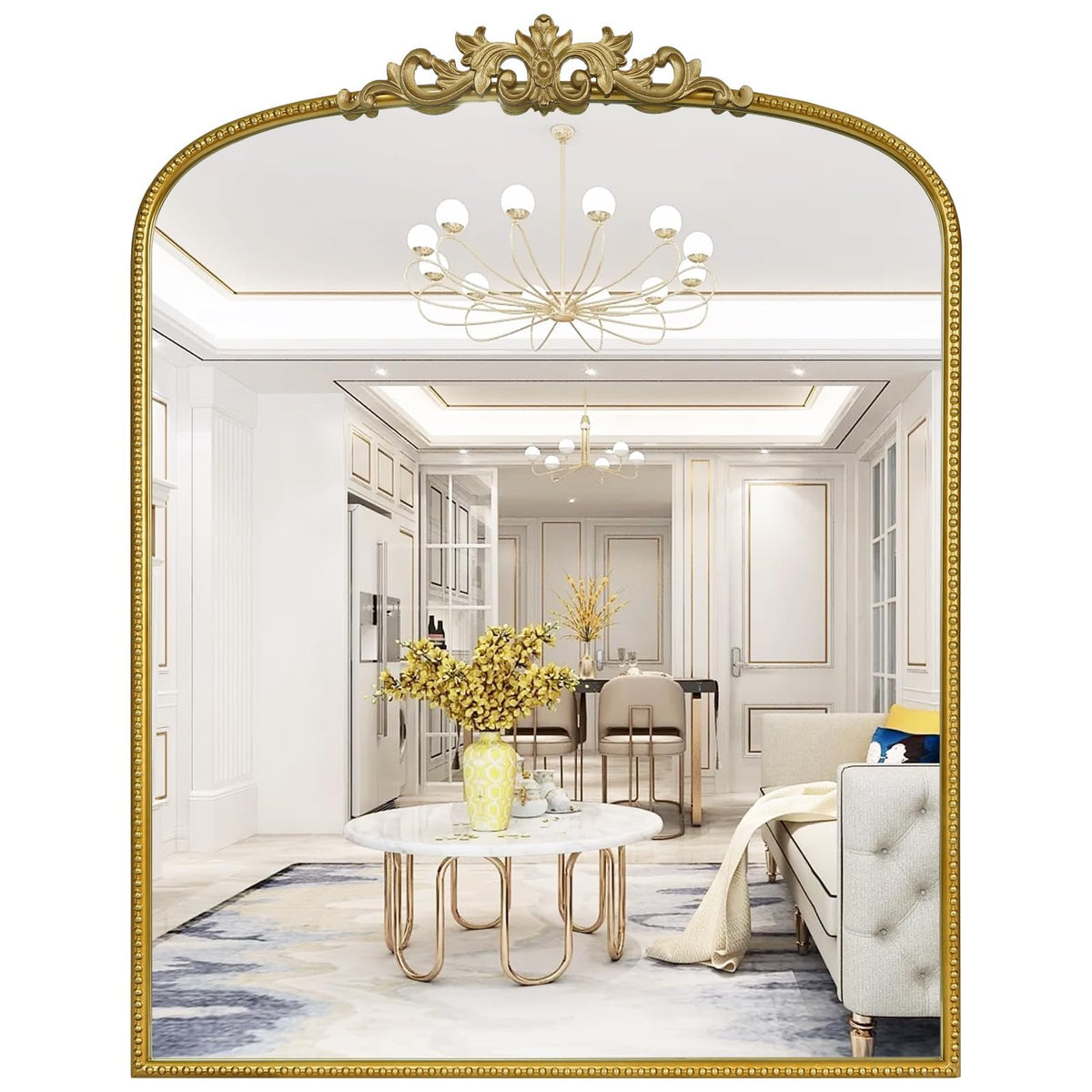 WallBeyond Gold Vintage Mirror for Vanity 32x24 Inch, Gold Antique Mirror with Ornate Frame, Arched Vintage Wall for Bathroom, Living Room, Fireplace, Entryway