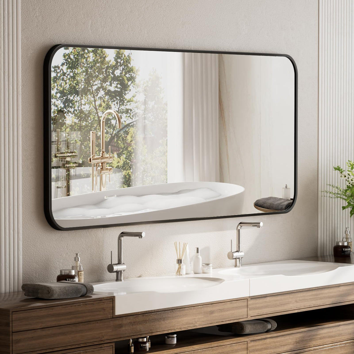 BEAUTYPEAK 24" x 36" Rectangular Aluminum Alloy Frame Wall Mounted Bathroom Mirror with Rounded Corners, Black