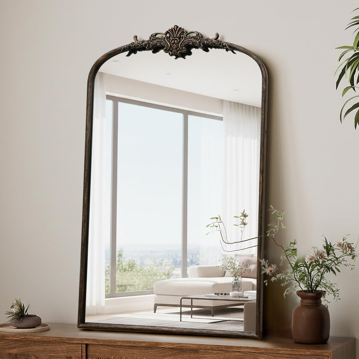 Besdomus Vintage Arched Gold Mirror: 40"x29" Large Brass Antique Decorative