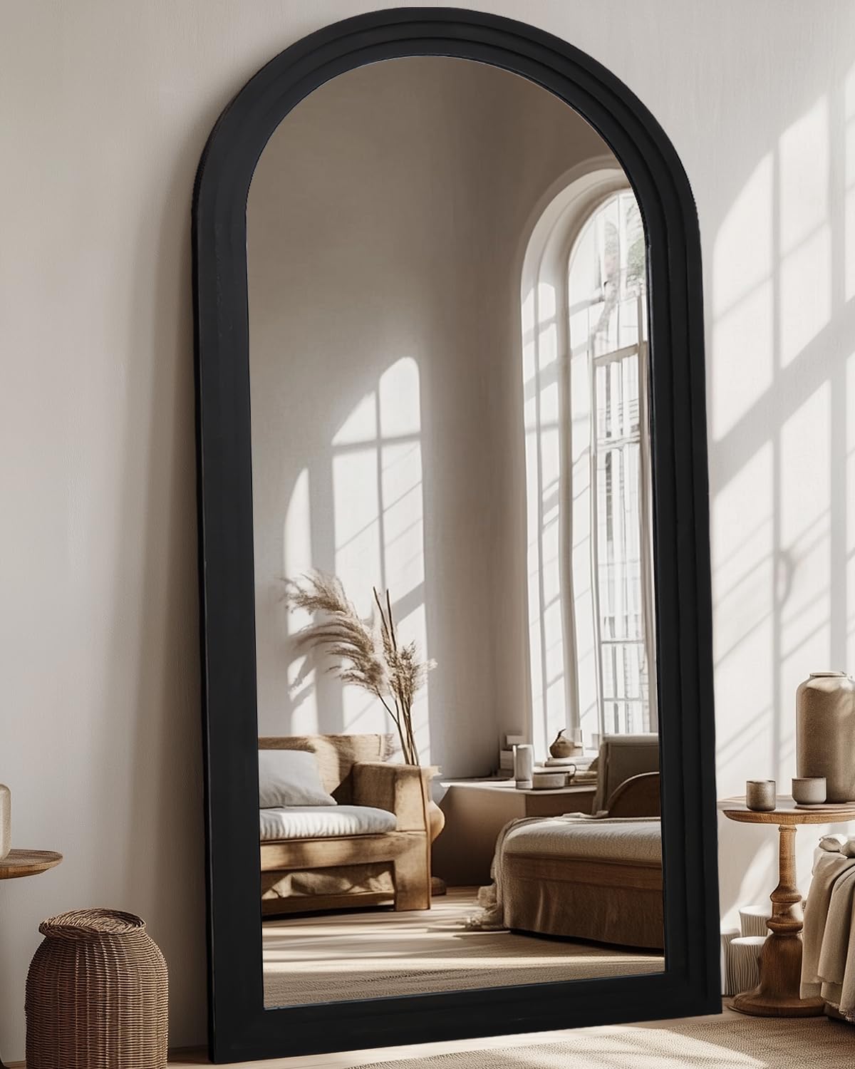 Full Length Mirror 71"x32", Arched Solid Wood Frame with Stand