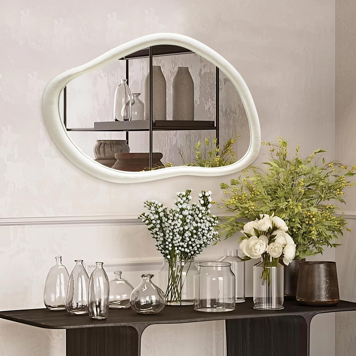 35"x24" Irregular Wall Mirror, Dark Walnut Wood Bathroom Mirror